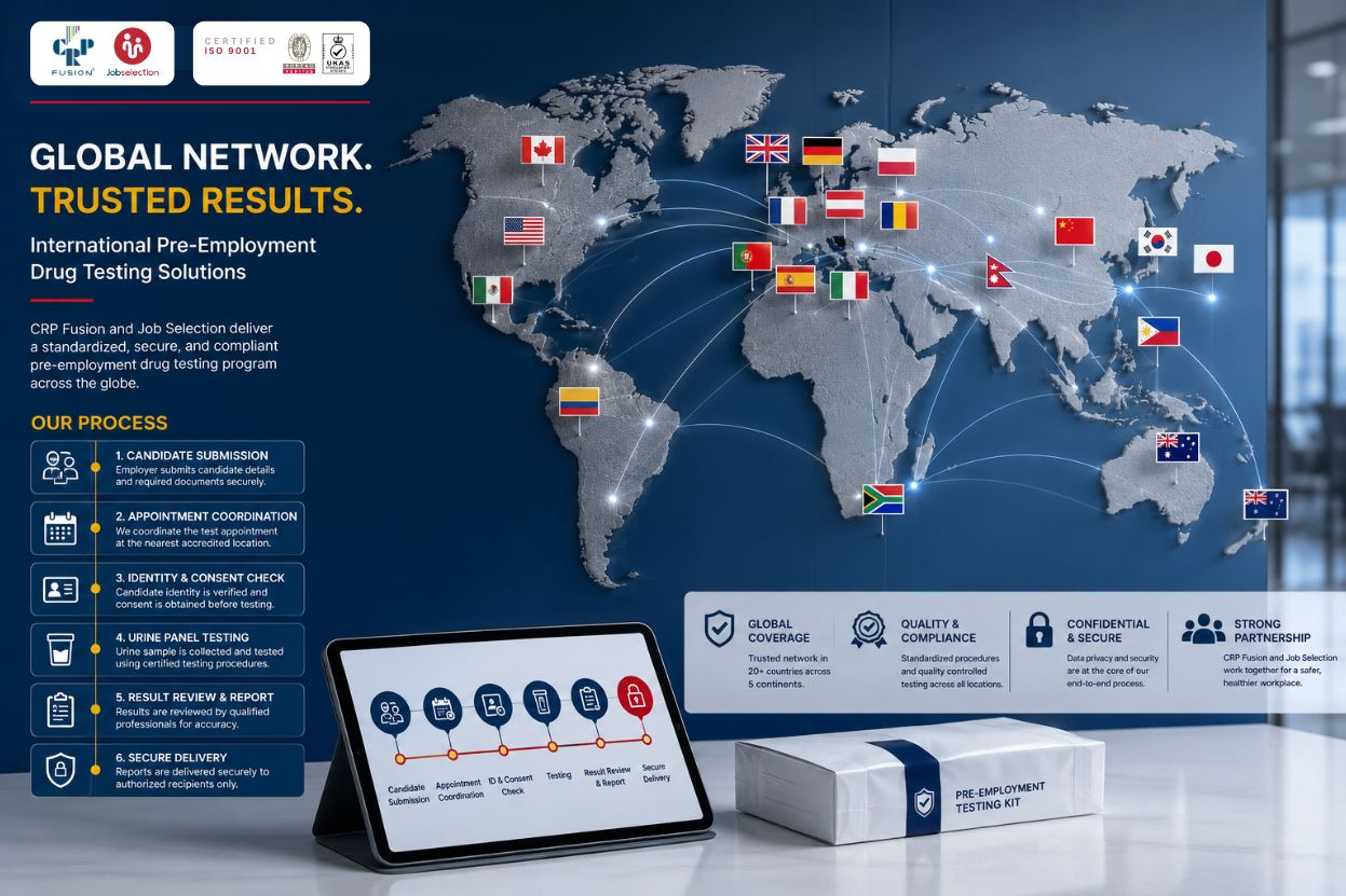 CRP Fusion and Job Selection global network of accredited pre-employment drug testing centres, spanning 20+ countries across 5 continents